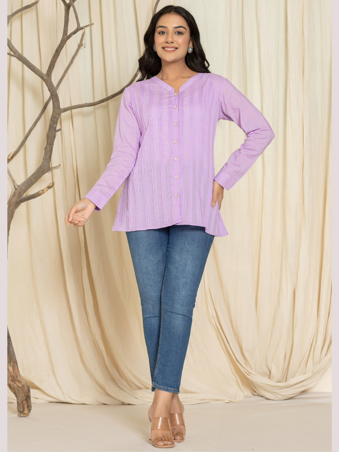 Solid Pure Cotton Pintucks Shirt Top - Purple