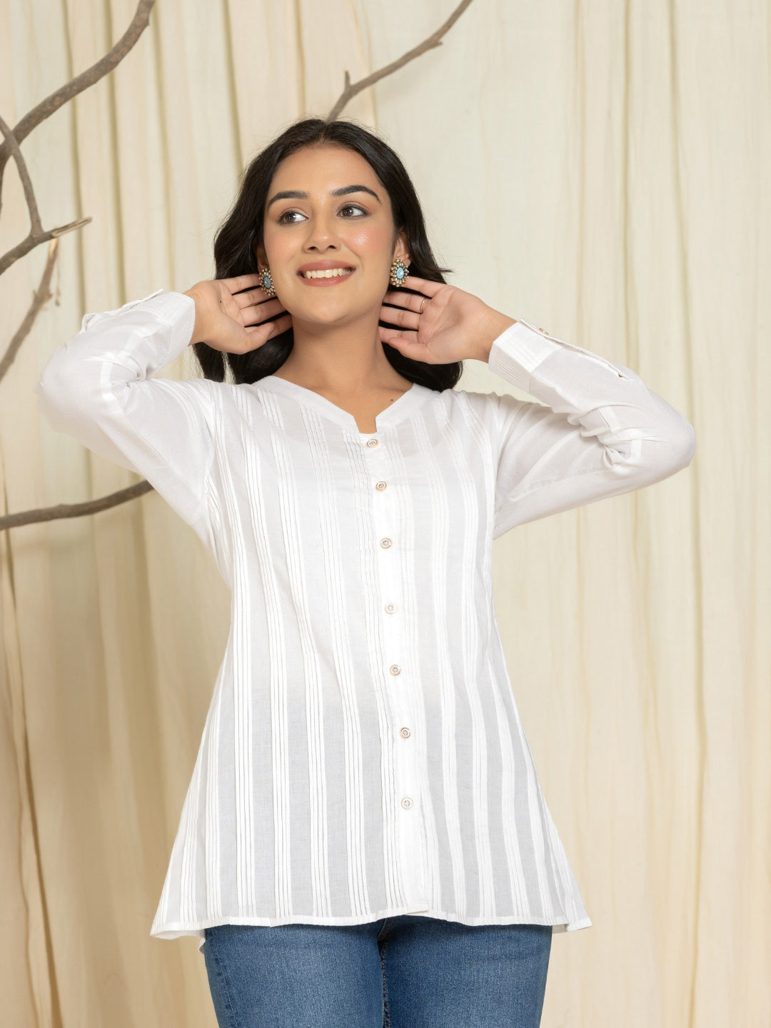 Solid Pure Cotton Pintucks Shirt Top - White