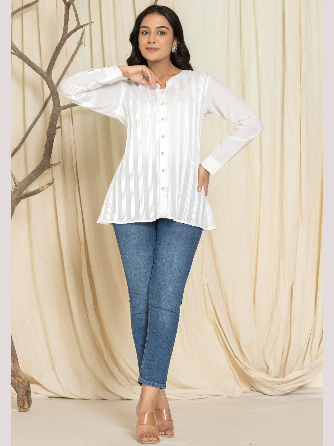 Solid Pure Cotton Pintucks Shirt Top - White