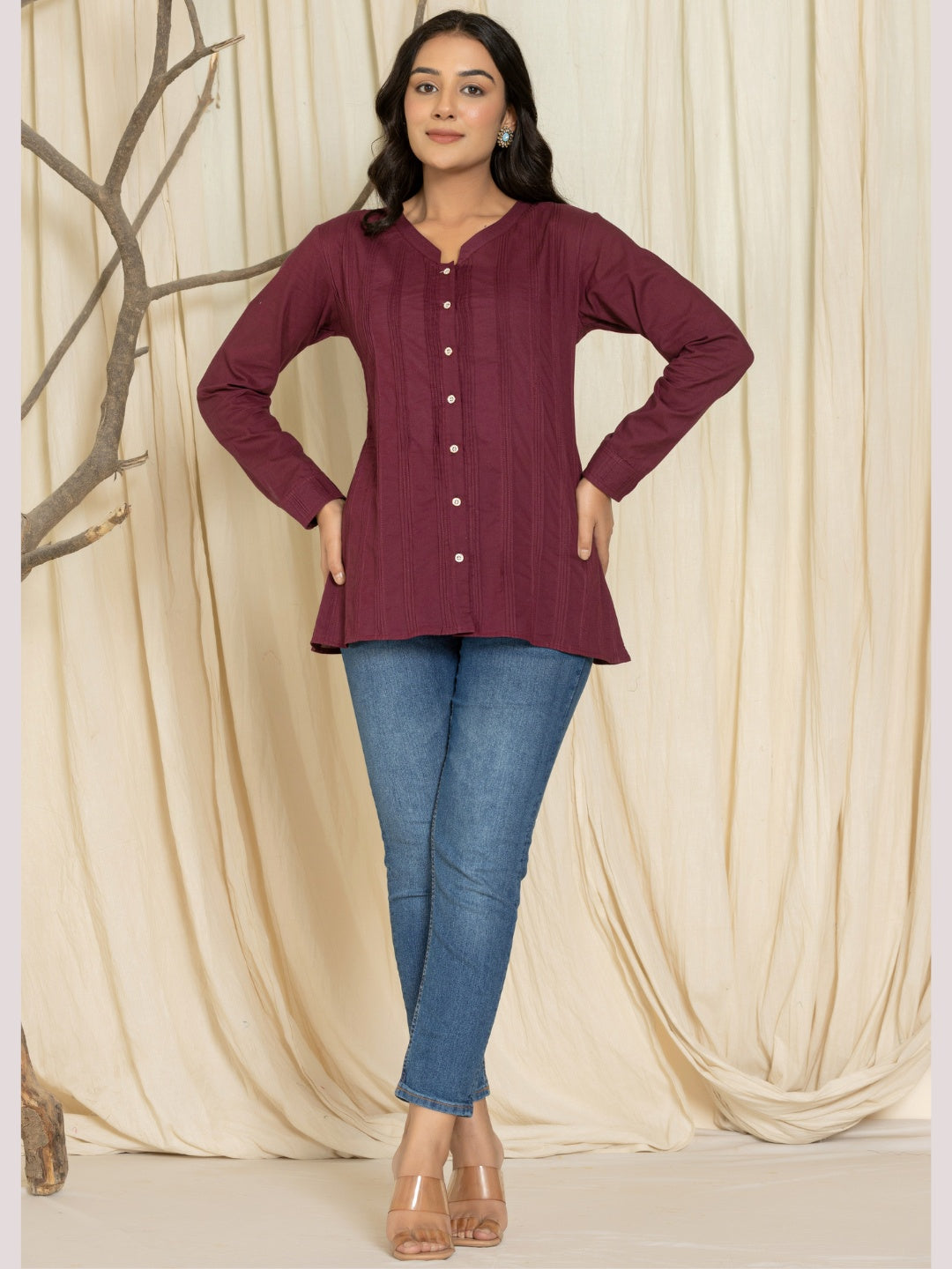 Solid Pure Cotton Pintucks Shirt Top - Wine
