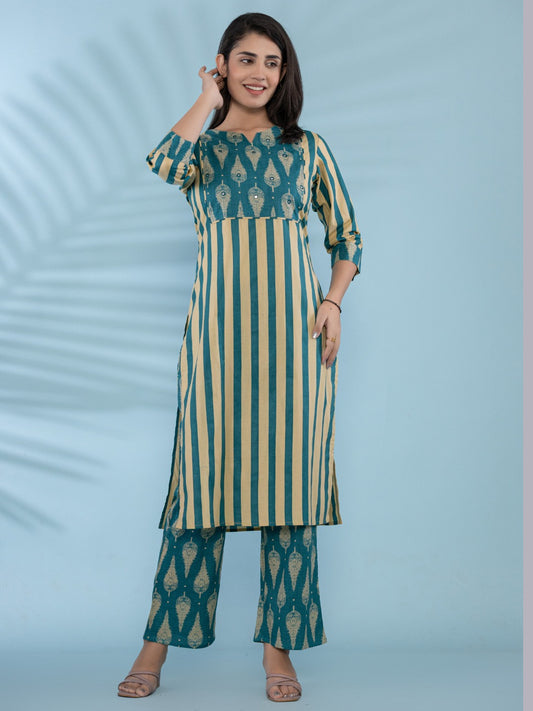 Cotton Printed HandWork Kurta with Pants Set - Green