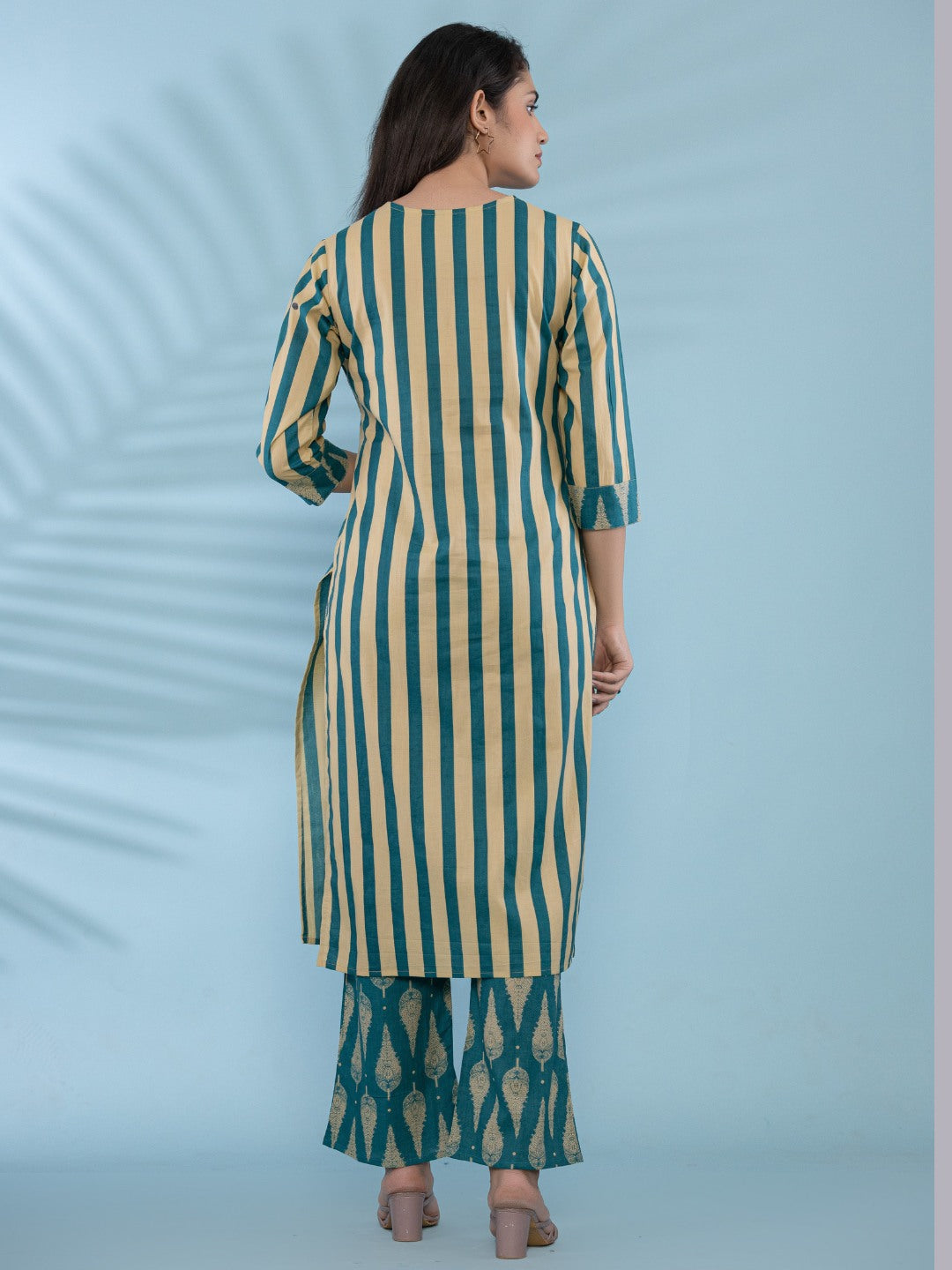 Cotton Printed HandWork Kurta with Pants Set - Green