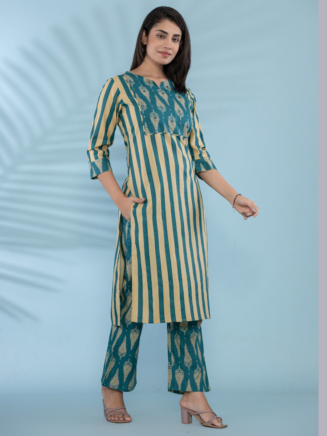 Cotton Printed HandWork Kurta with Pants Set - Green