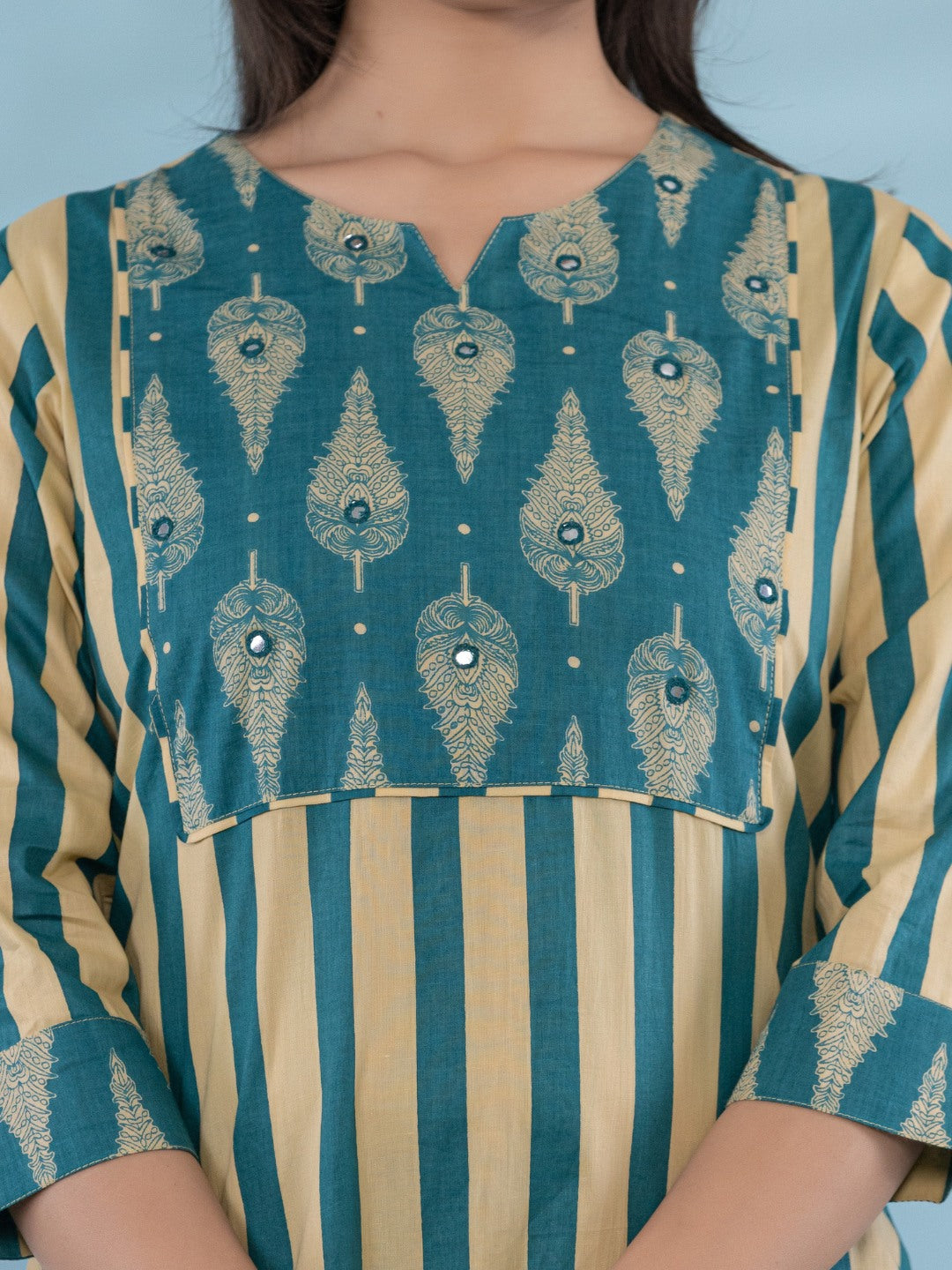 Cotton Printed HandWork Kurta with Pants Set - Green