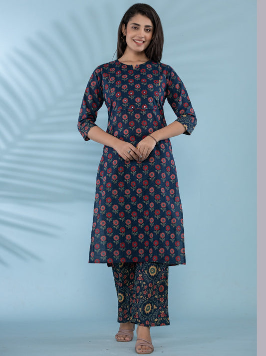 Cotton Printed HandWork Kurta with Pants Set - Navy