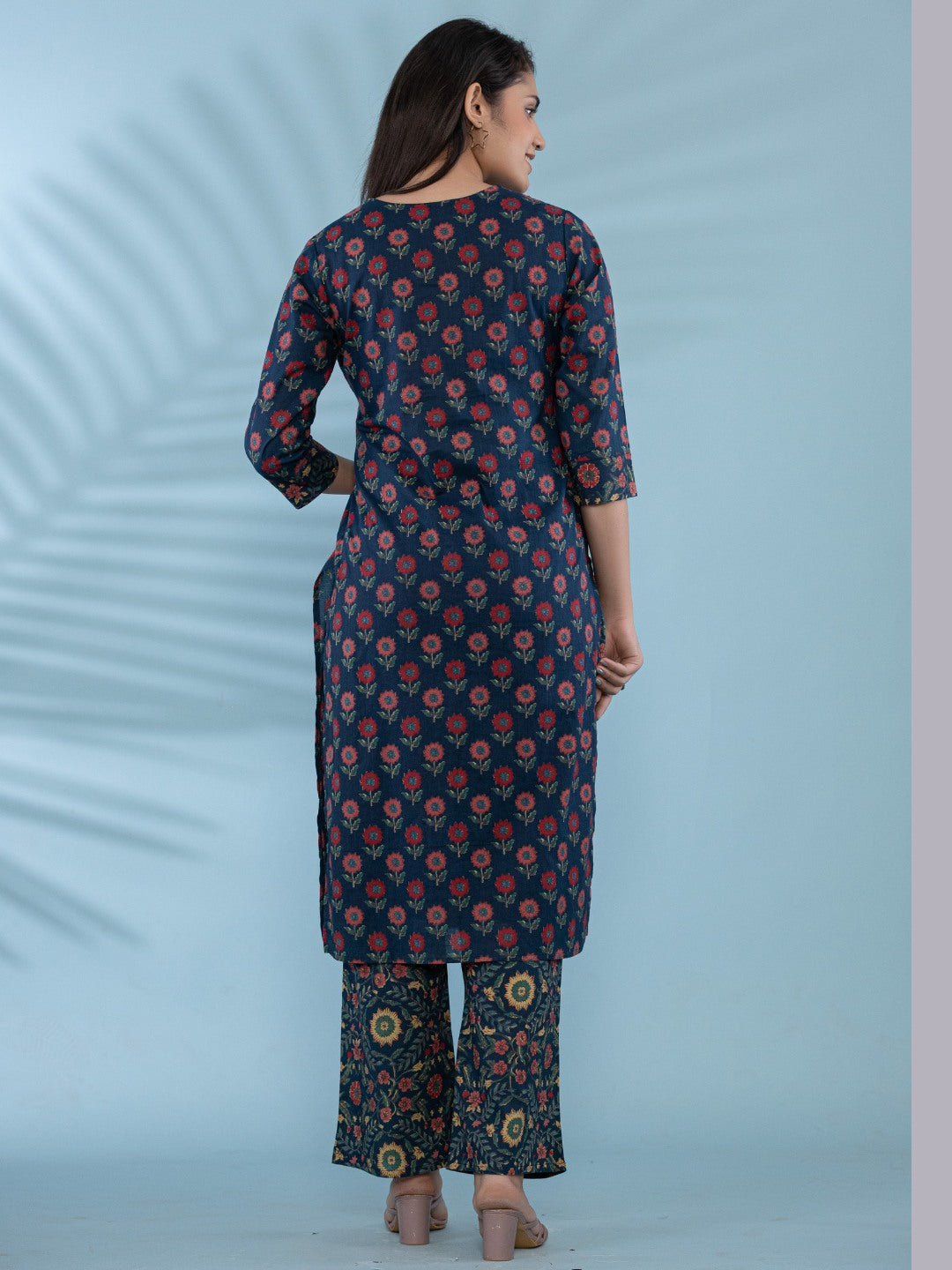Cotton Printed HandWork Kurta with Pants Set - Navy