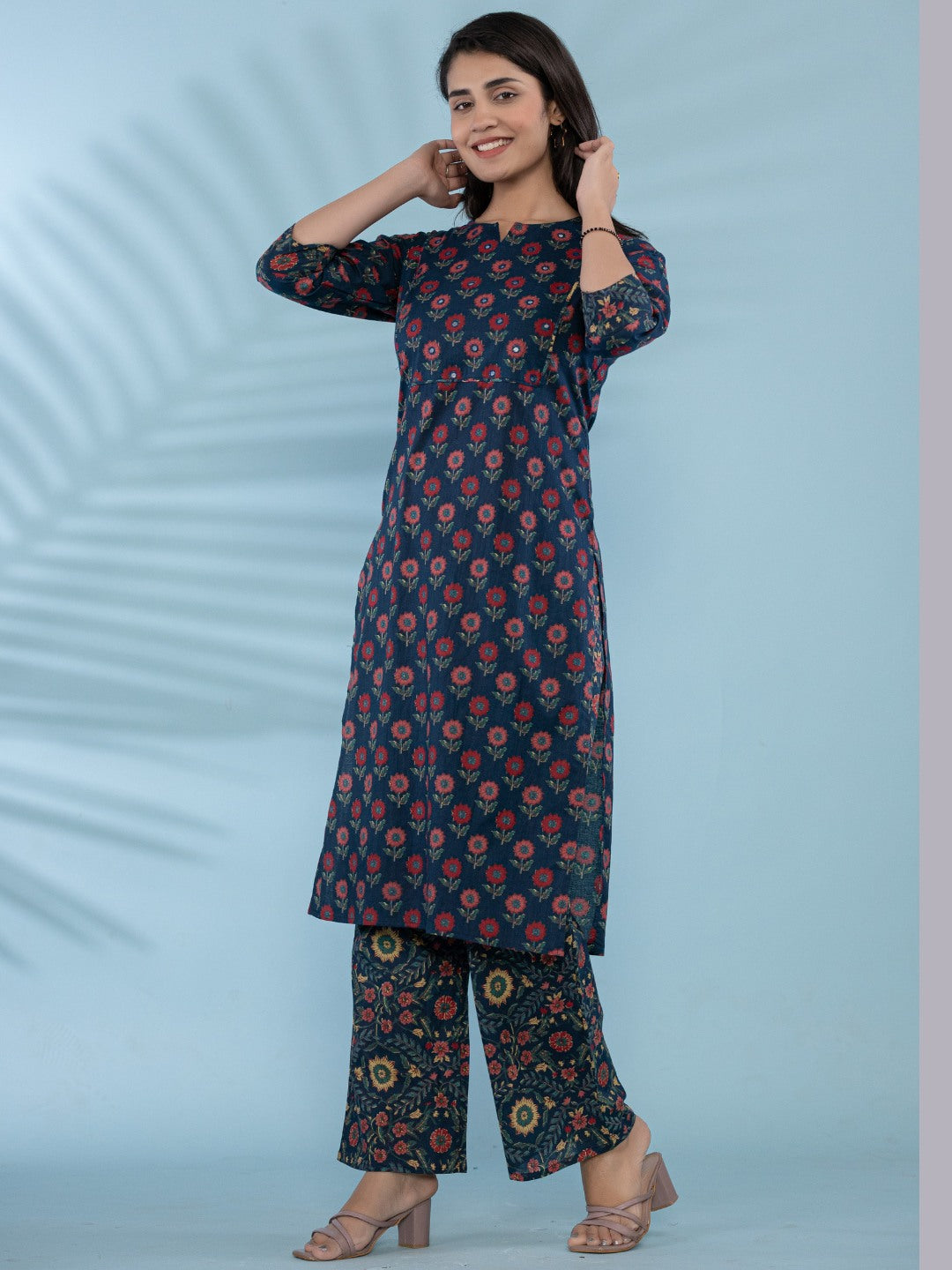 Cotton Printed HandWork Kurta with Pants Set - Navy