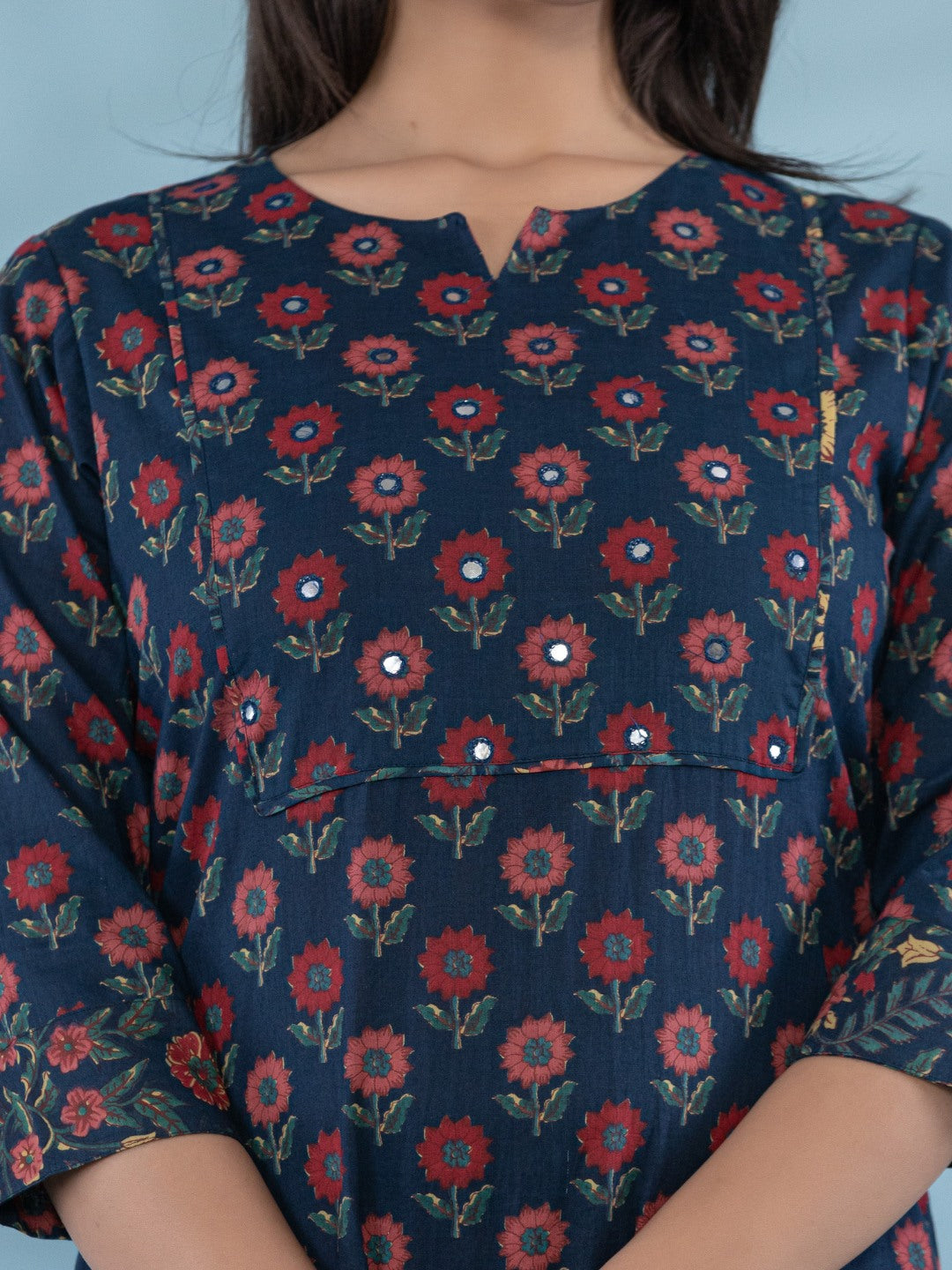 Cotton Printed HandWork Kurta with Pants Set - Navy