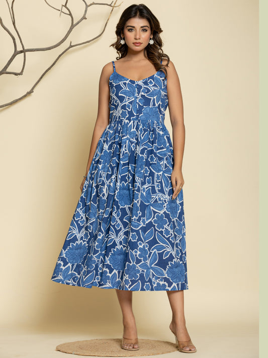 Floral Print Spaghetti Maxi Dress - Blue