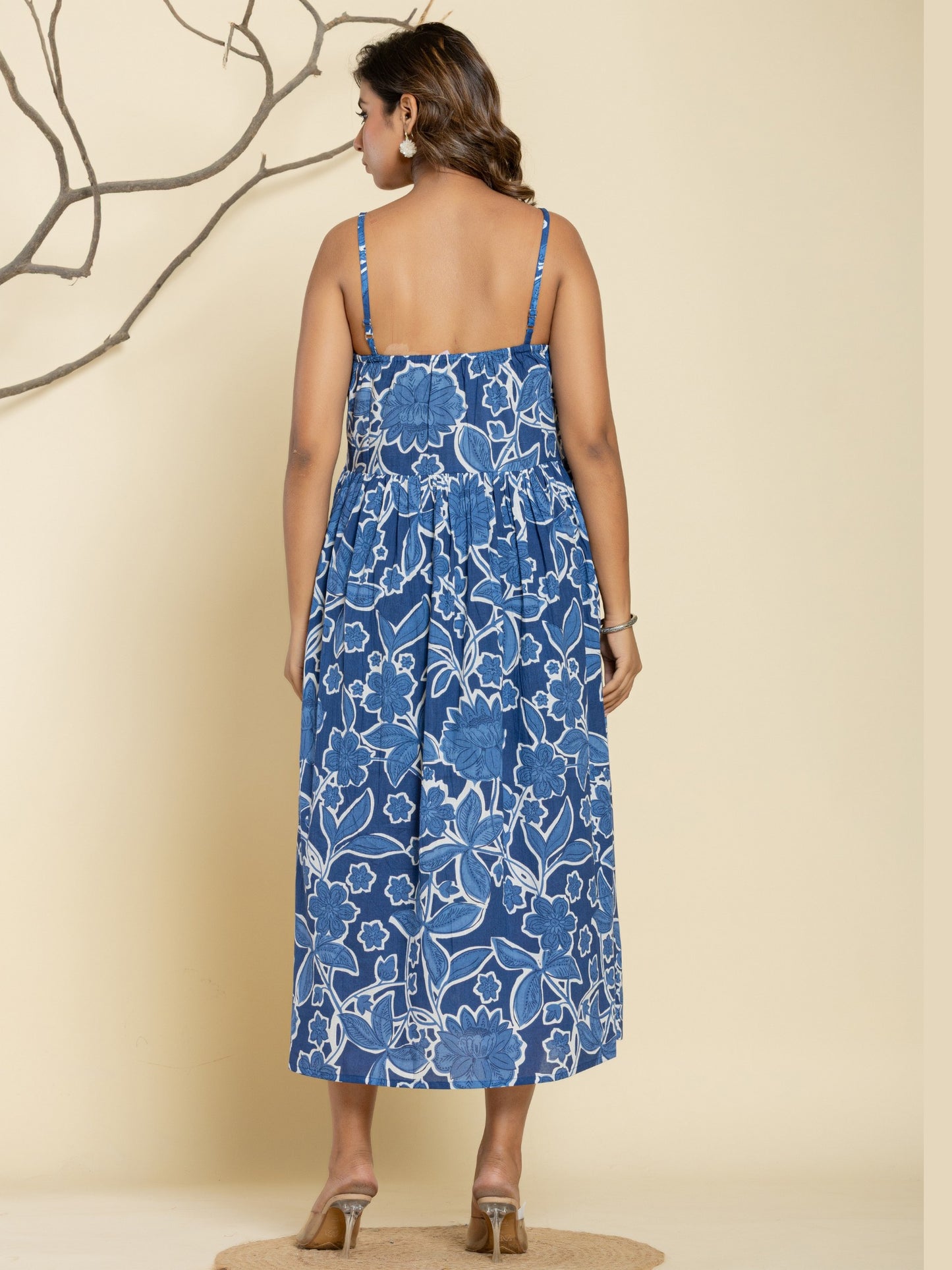 Floral Print Spaghetti Maxi Dress - Blue