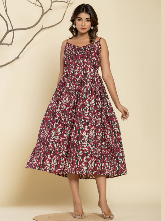 Floral Print Spaghetti Maxi Dress - Wine