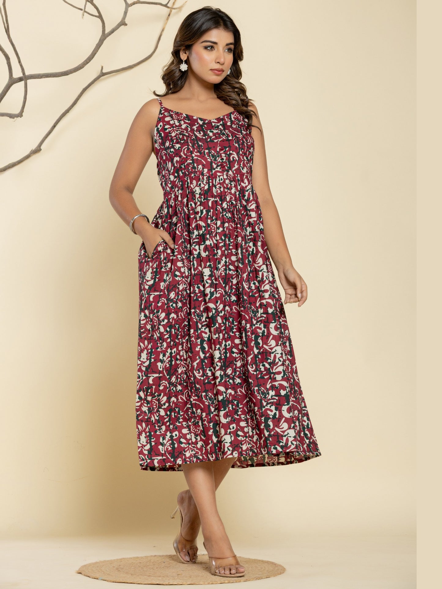 Floral Print Spaghetti Maxi Dress - Wine
