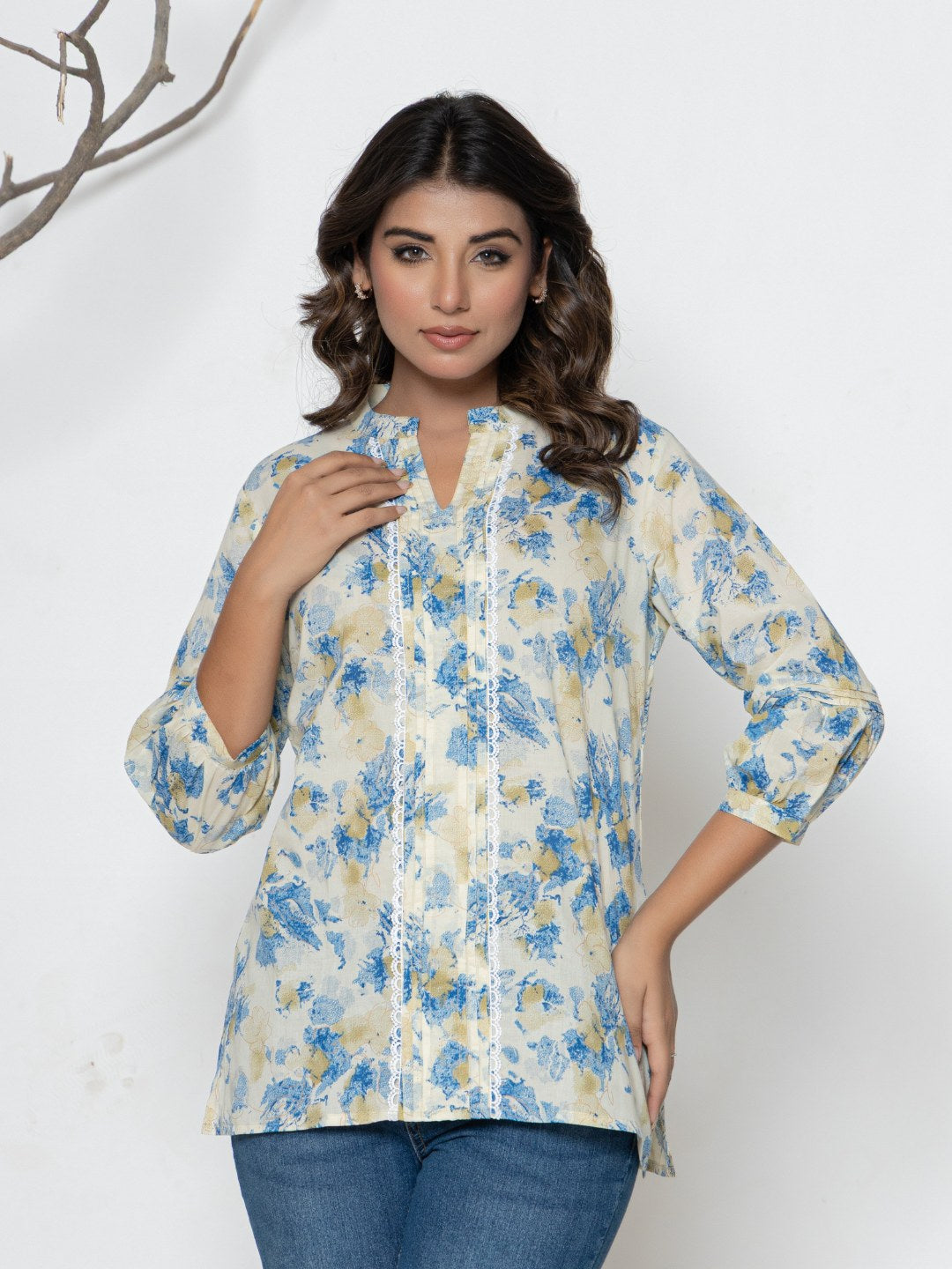 Pure Cotton Printed Pleted Top with Lace detail - Cream Multi