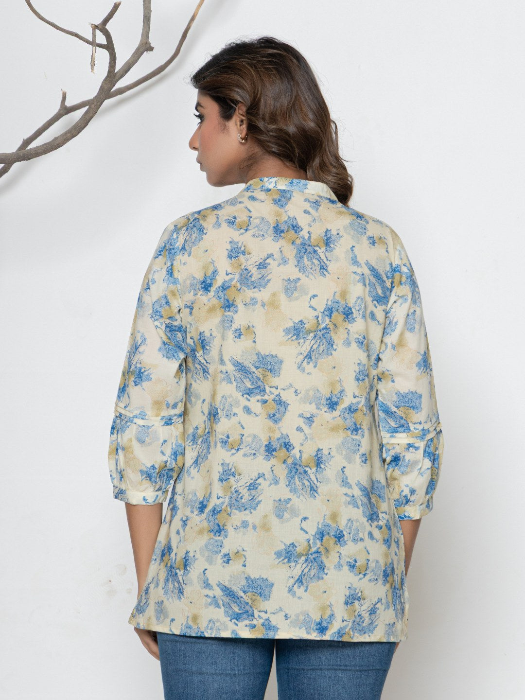 Pure Cotton Printed Pleted Top with Lace detail - Cream Multi