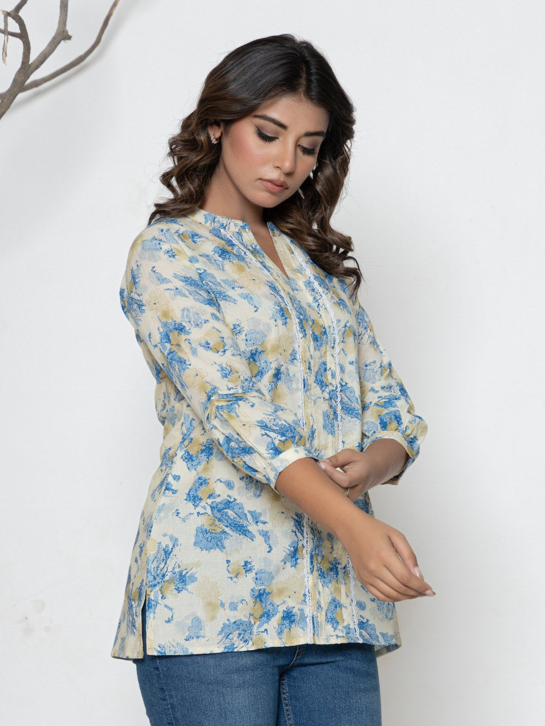 Pure Cotton Printed Pleted Top with Lace detail - Cream Multi