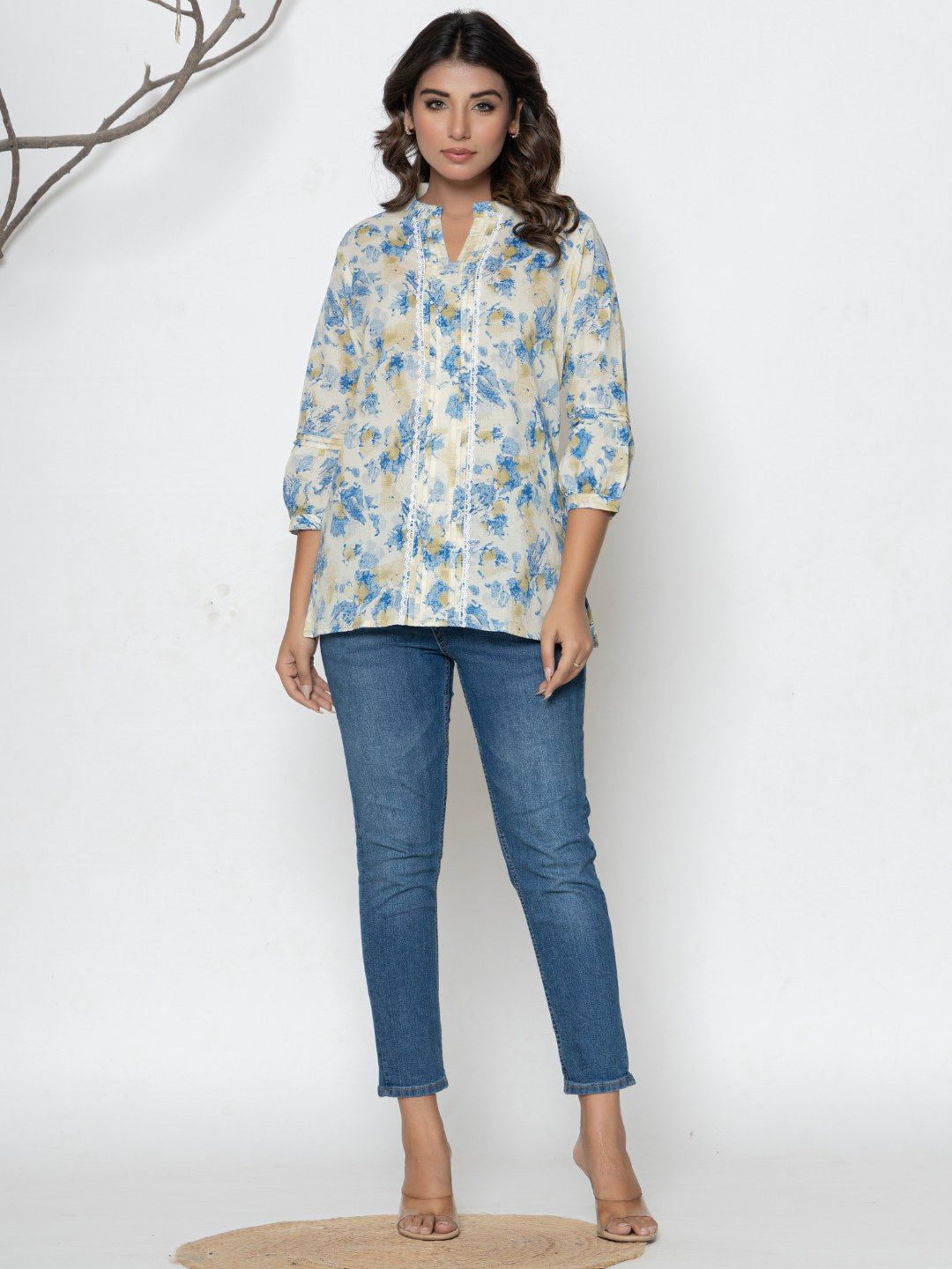 Pure Cotton Printed Pleted Top with Lace detail - Cream Multi