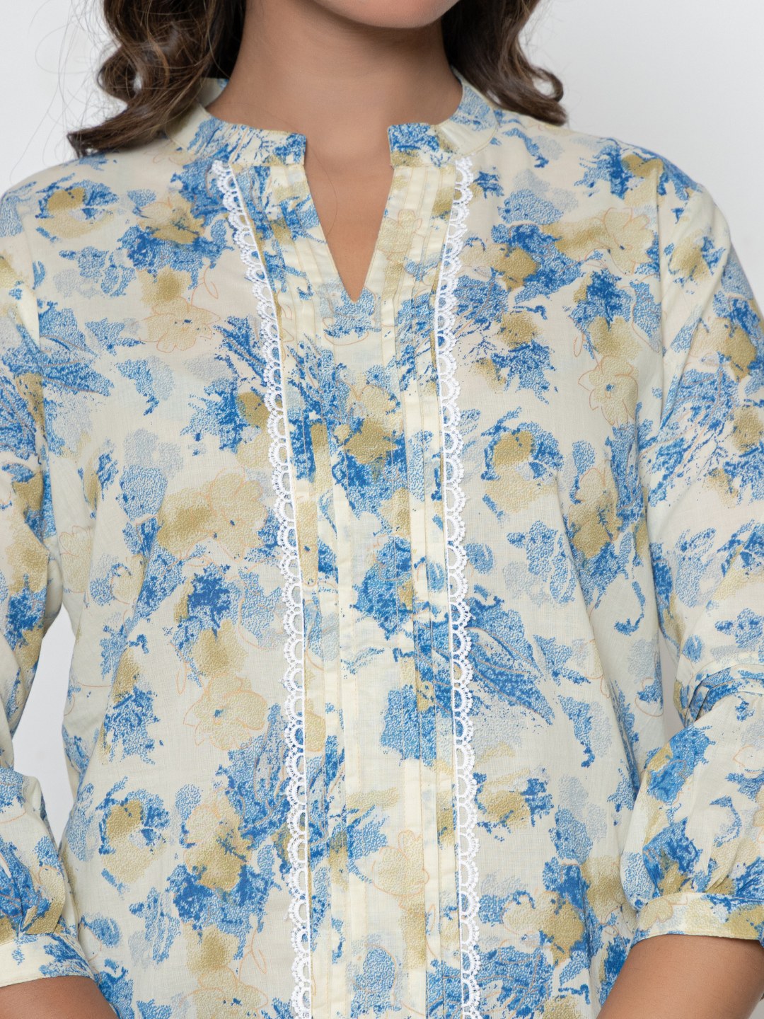 Pure Cotton Printed Pleted Top with Lace detail - Cream Multi