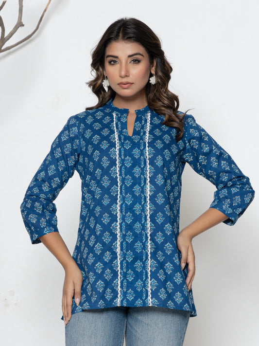 Pure Cotton Printed Pleted Top with Lace detail - Denim Blue