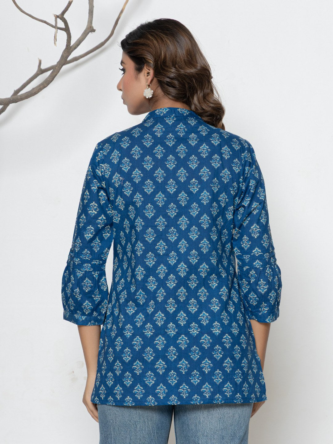 Pure Cotton Printed Pleted Top with Lace detail - Denim Blue