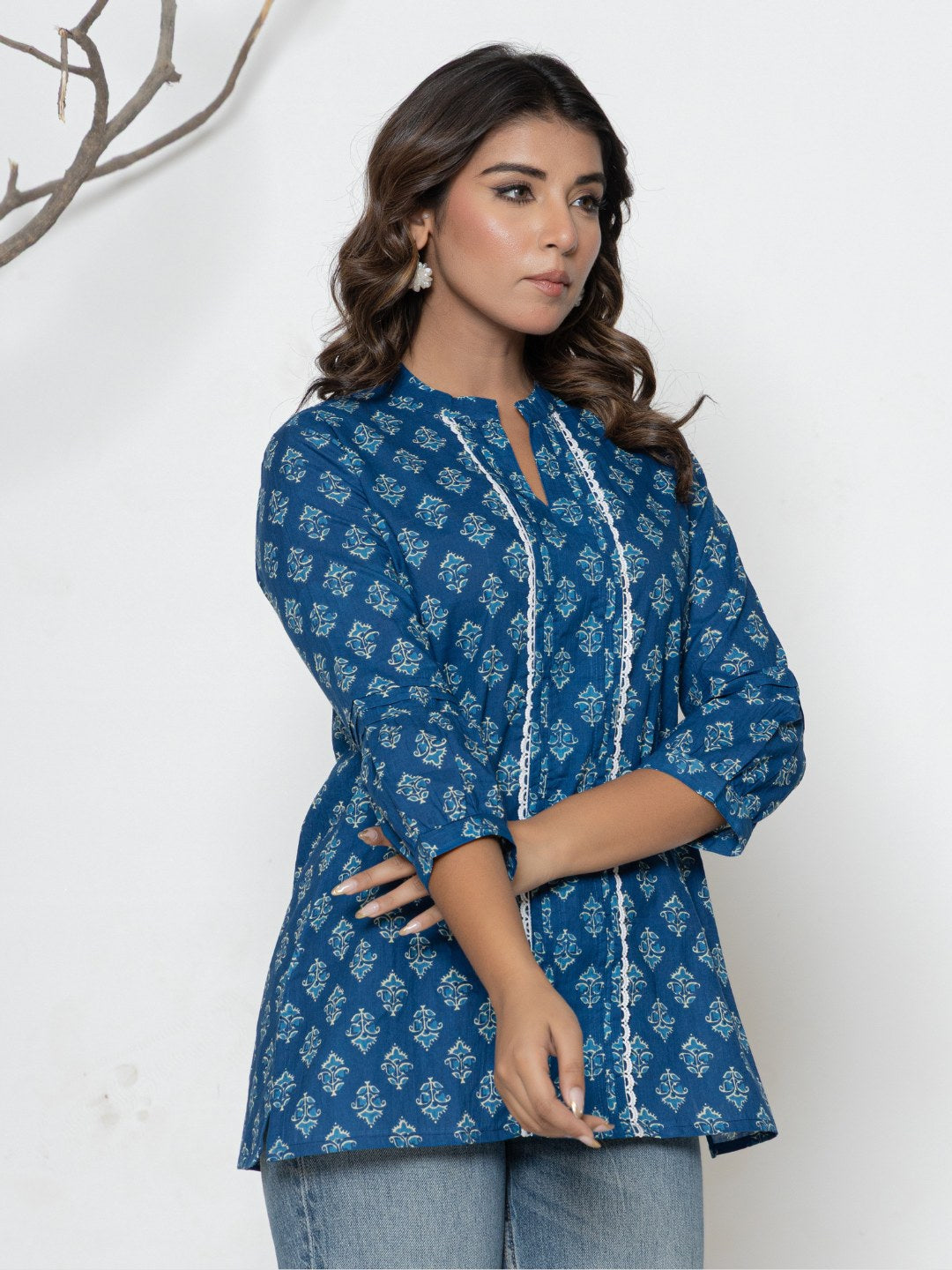 Pure Cotton Printed Pleted Top with Lace detail - Denim Blue