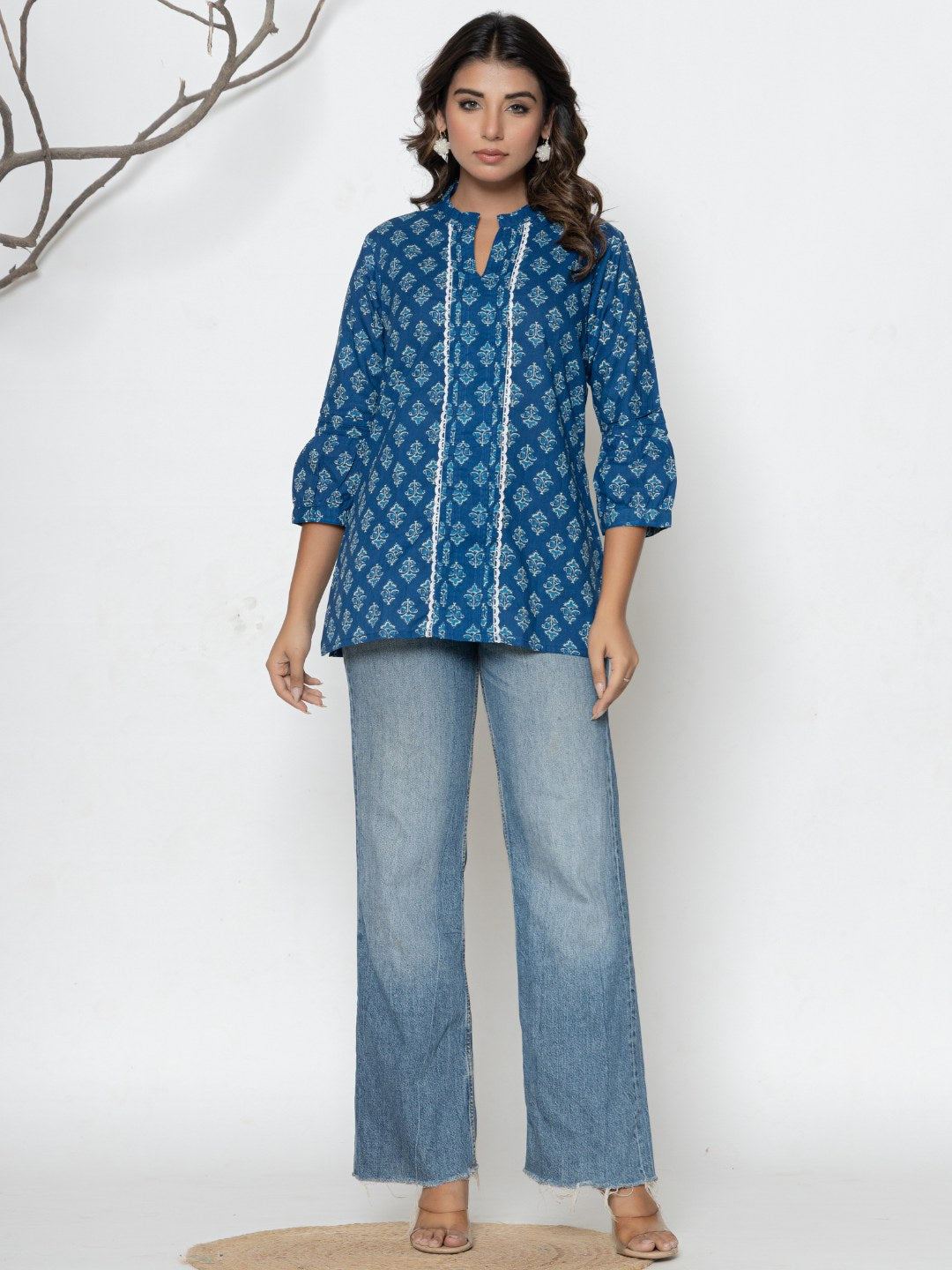 Pure Cotton Printed Pleted Top with Lace detail - Denim Blue
