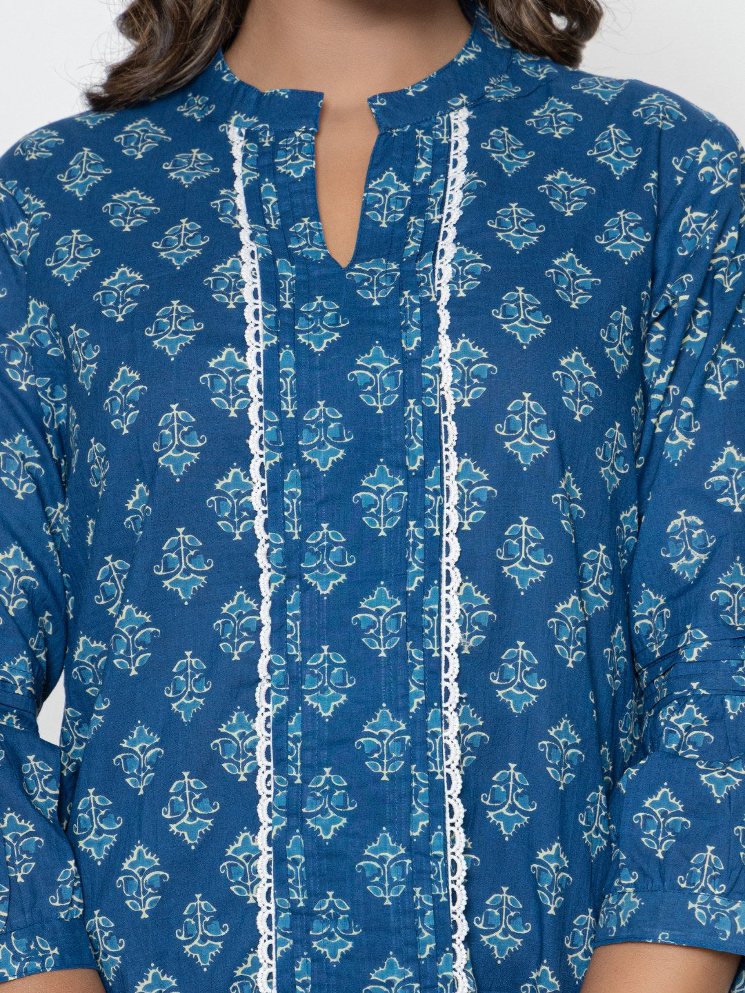 Pure Cotton Printed Pleted Top with Lace detail - Denim Blue