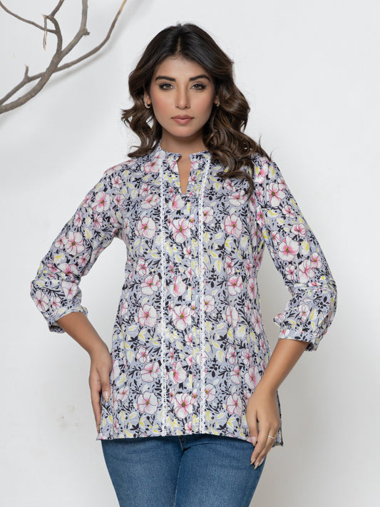 Pure Cotton Printed Pleted Top with Lace detail - Light grey