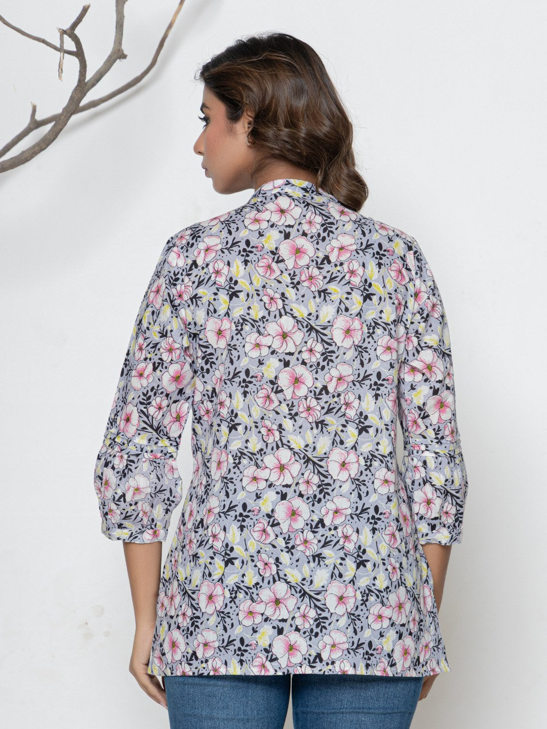 Pure Cotton Printed Pleted Top with Lace detail - Light grey