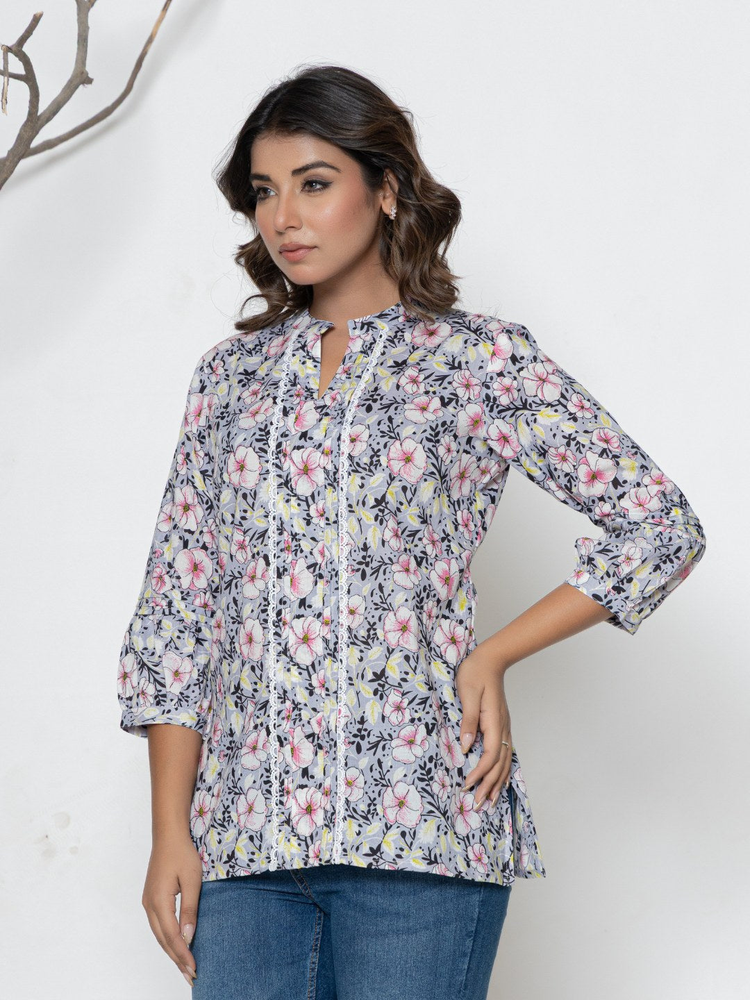 Pure Cotton Printed Pleted Top with Lace detail - Light grey