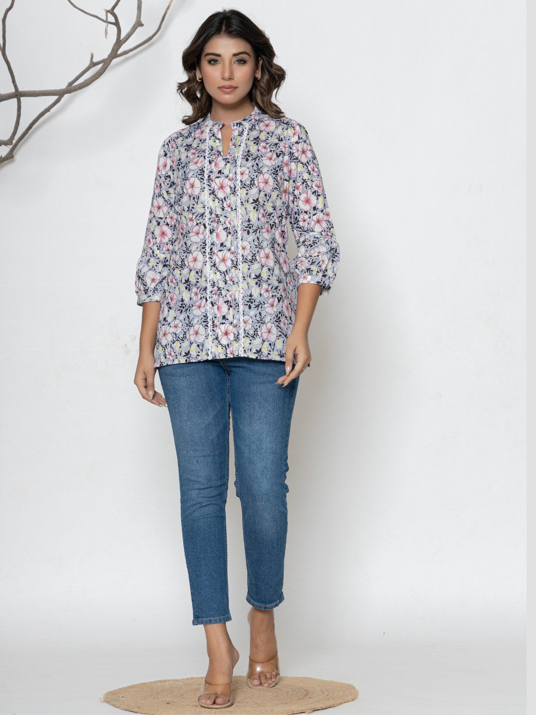 Pure Cotton Printed Pleted Top with Lace detail - Light grey