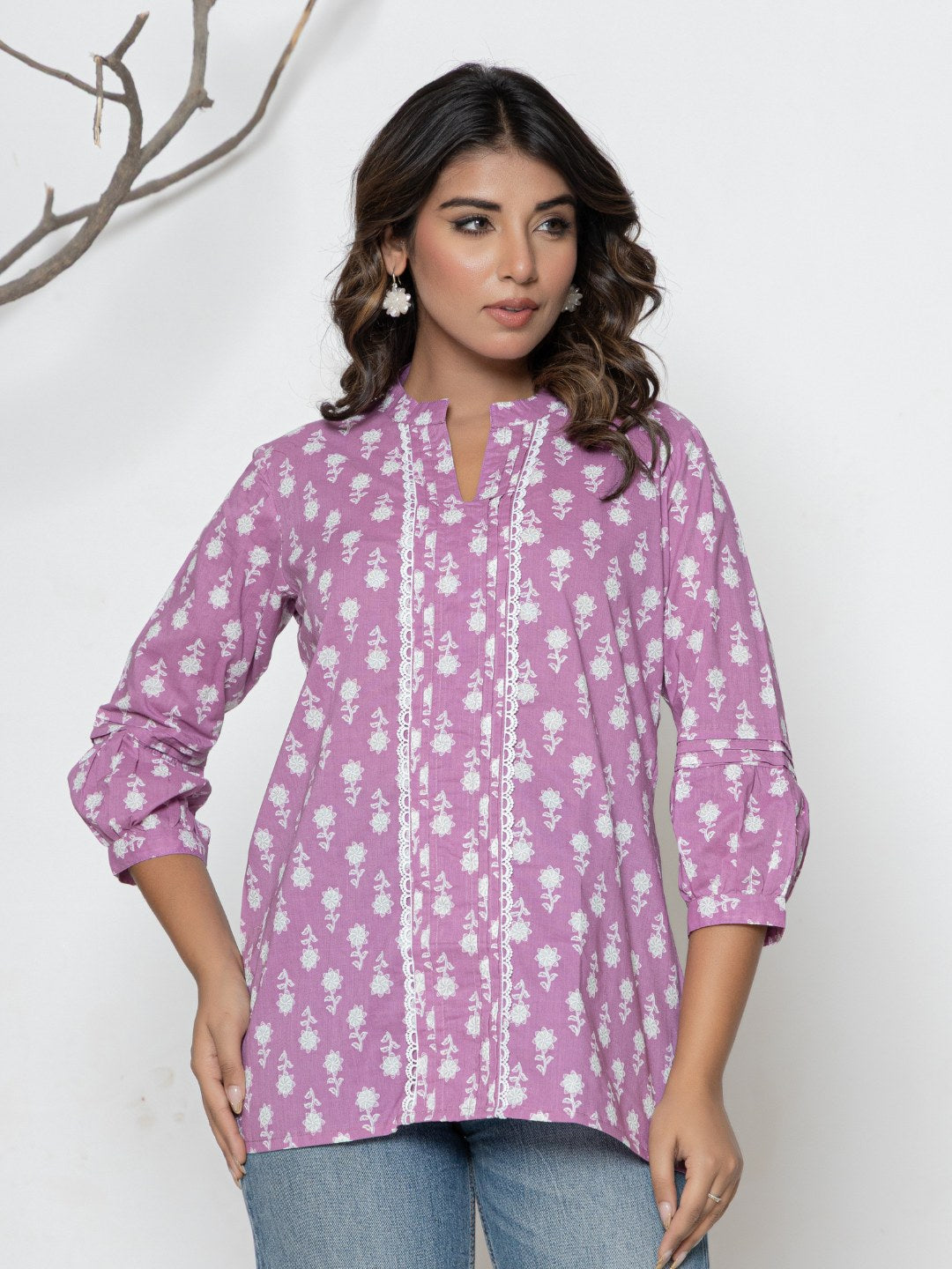 Pure Cotton Printed Pleted Top with Lace detail - Light Violet