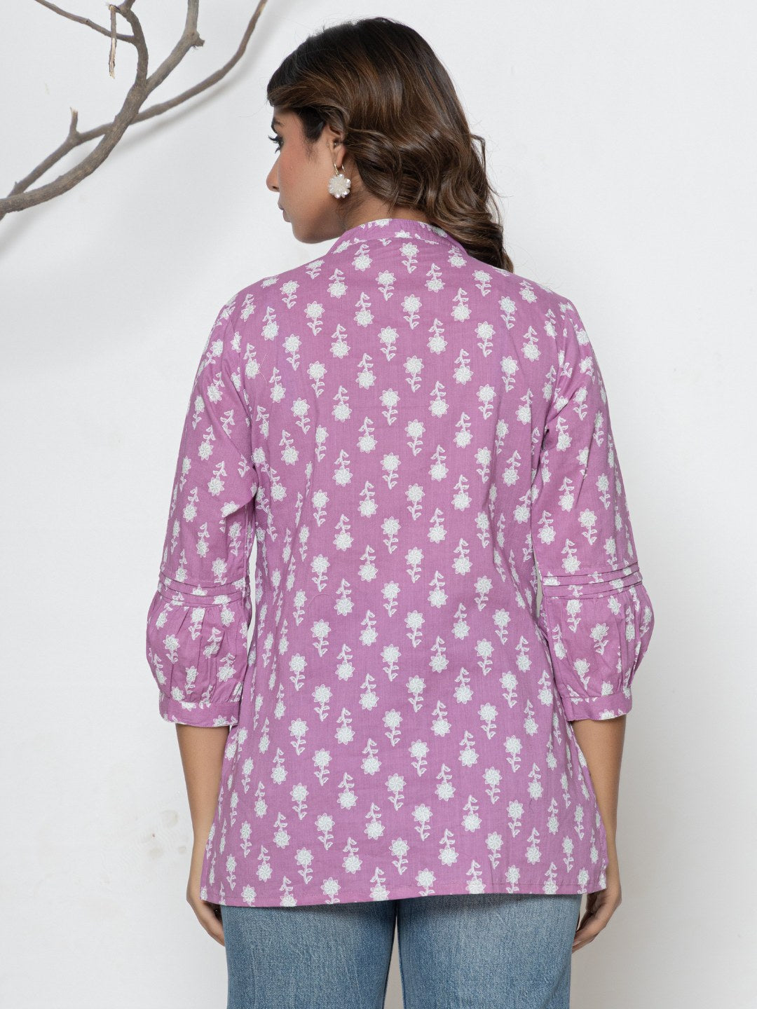 Pure Cotton Printed Pleted Top with Lace detail - Light Violet