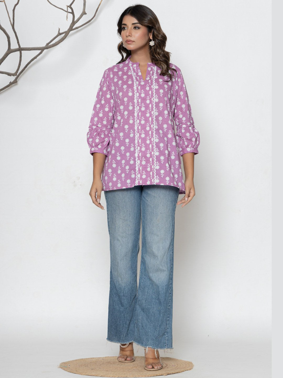 Pure Cotton Printed Pleted Top with Lace detail - Light Violet