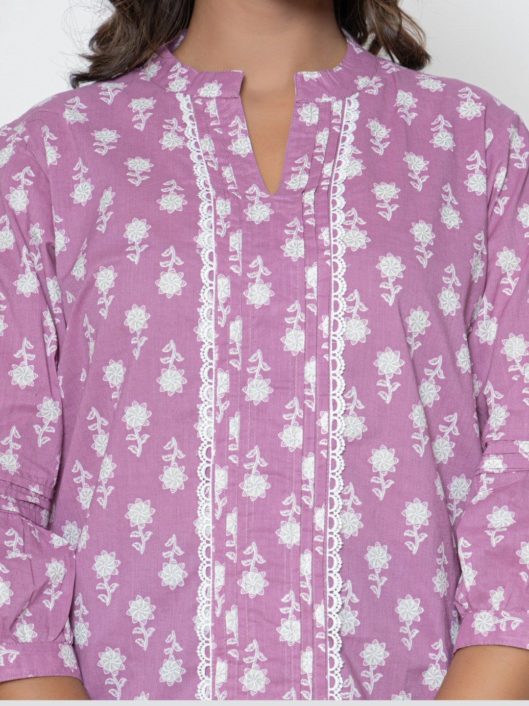 Pure Cotton Printed Pleted Top with Lace detail - Light Violet