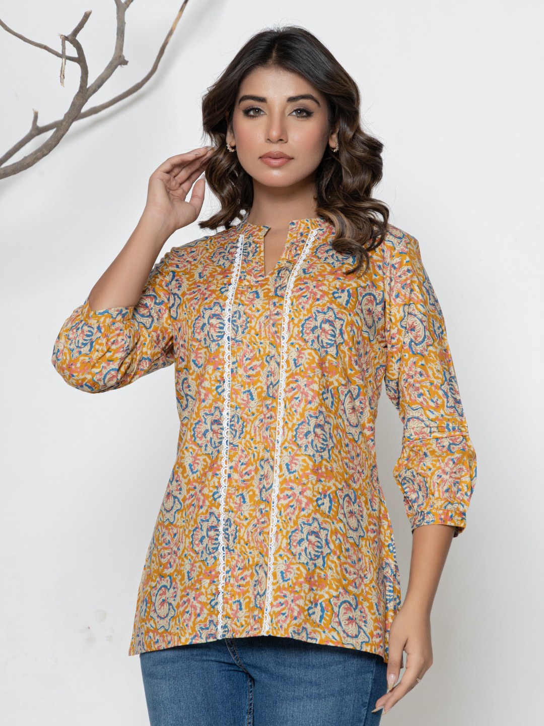 Pure Cotton Printed Pleted Top with Lace detail - Orange