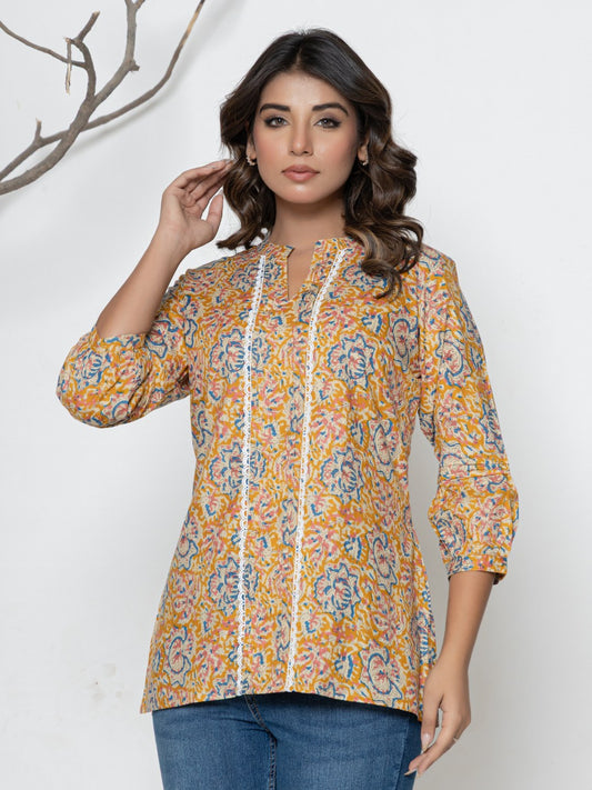 Pure Cotton Printed Pleted Top with Lace detail - Orange