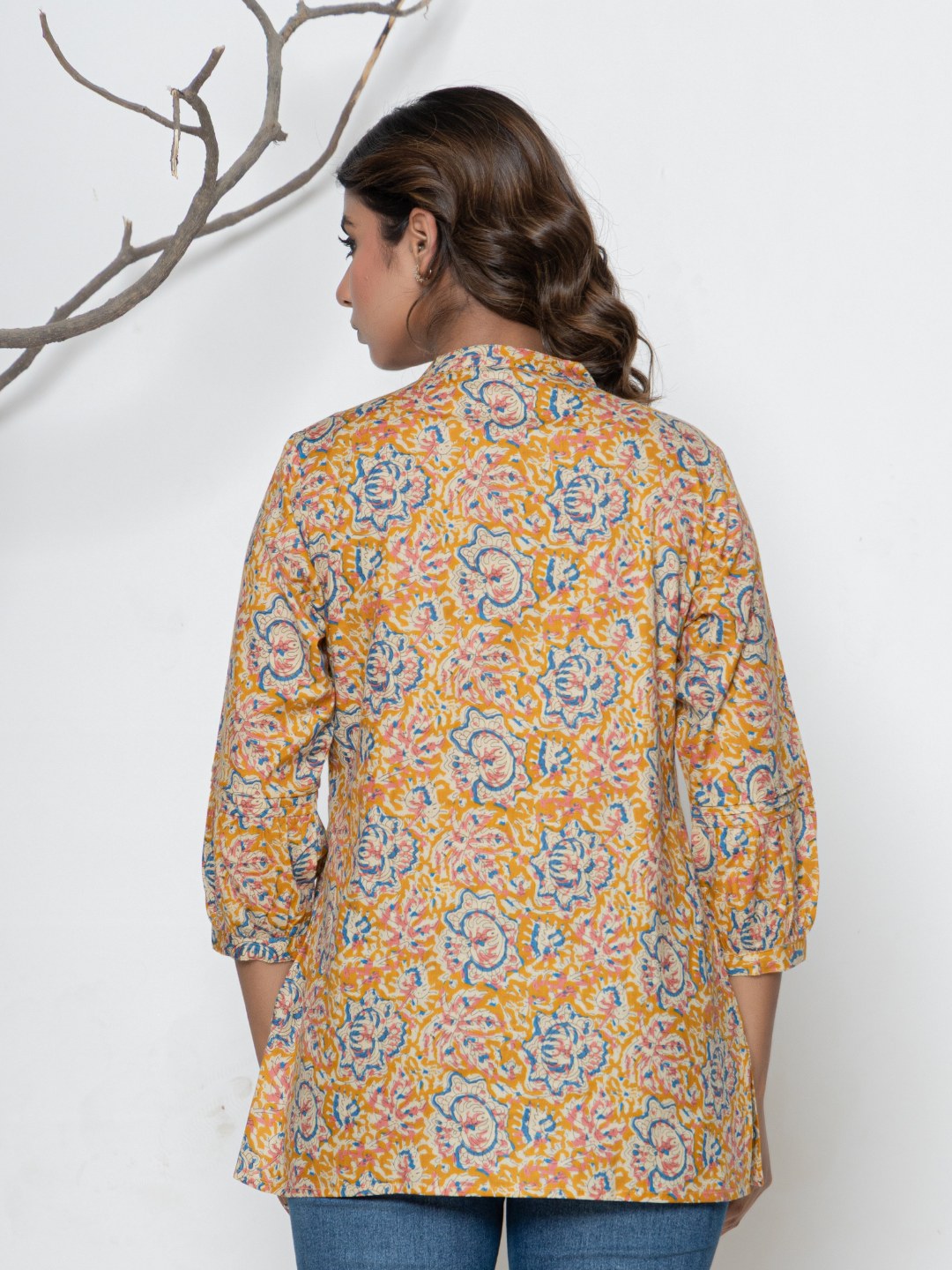 Pure Cotton Printed Pleted Top with Lace detail - Orange