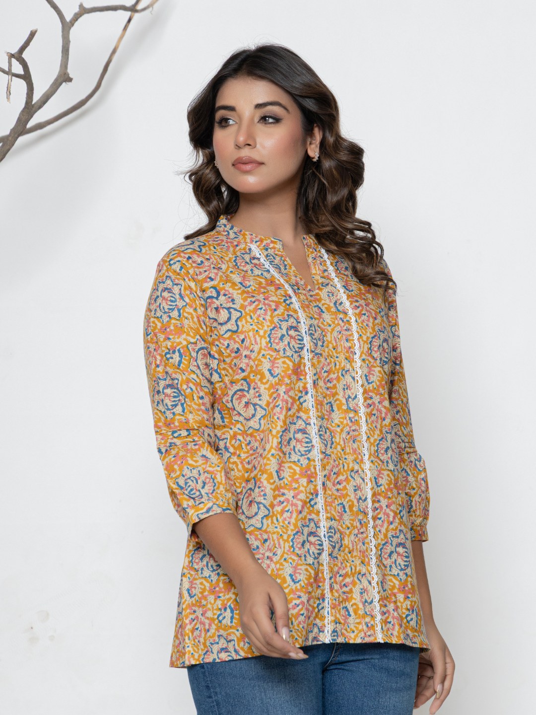 Pure Cotton Printed Pleted Top with Lace detail - Orange