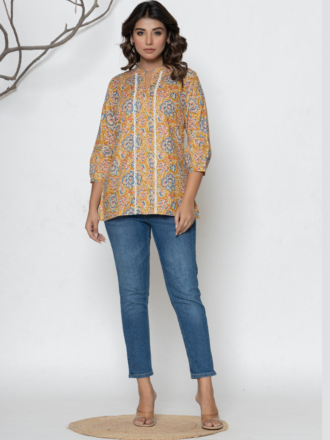 Pure Cotton Printed Pleted Top with Lace detail - Orange