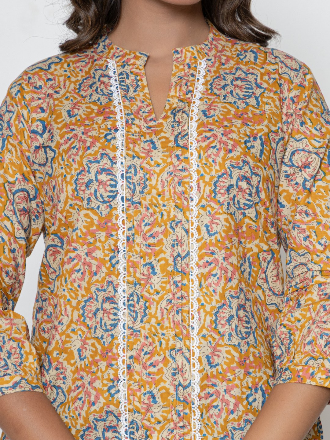 Pure Cotton Printed Pleted Top with Lace detail - Orange