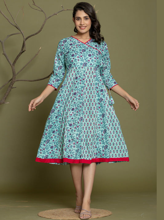 Pure Cotton Angrakha Style Anarkali Dress - Blue Pink