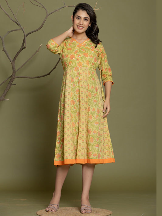 Pure Cotton Angrakha Style Anarkali Dress - Lemon Yellow