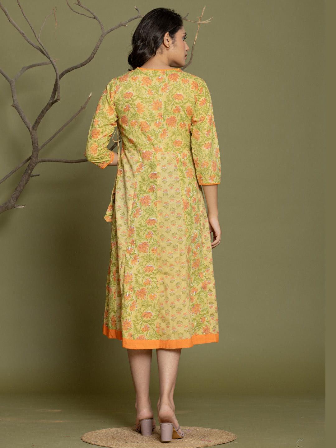 Pure Cotton Angrakha Style Anarkali Dress - Lemon Yellow