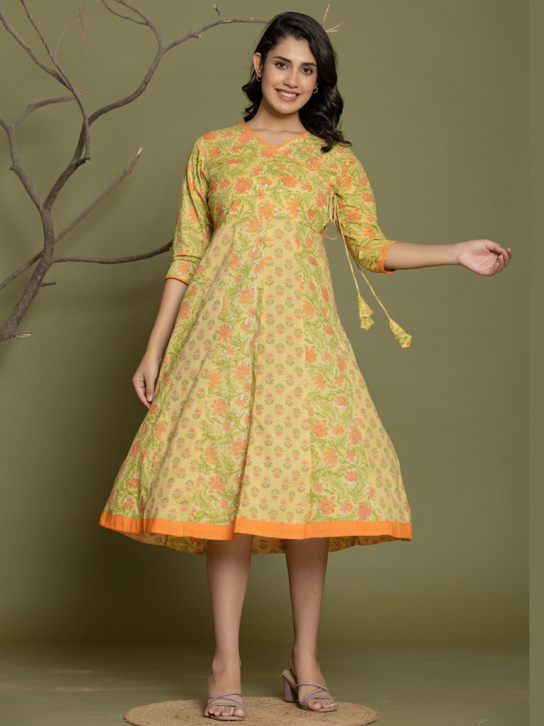 Pure Cotton Angrakha Style Anarkali Dress - Lemon Yellow