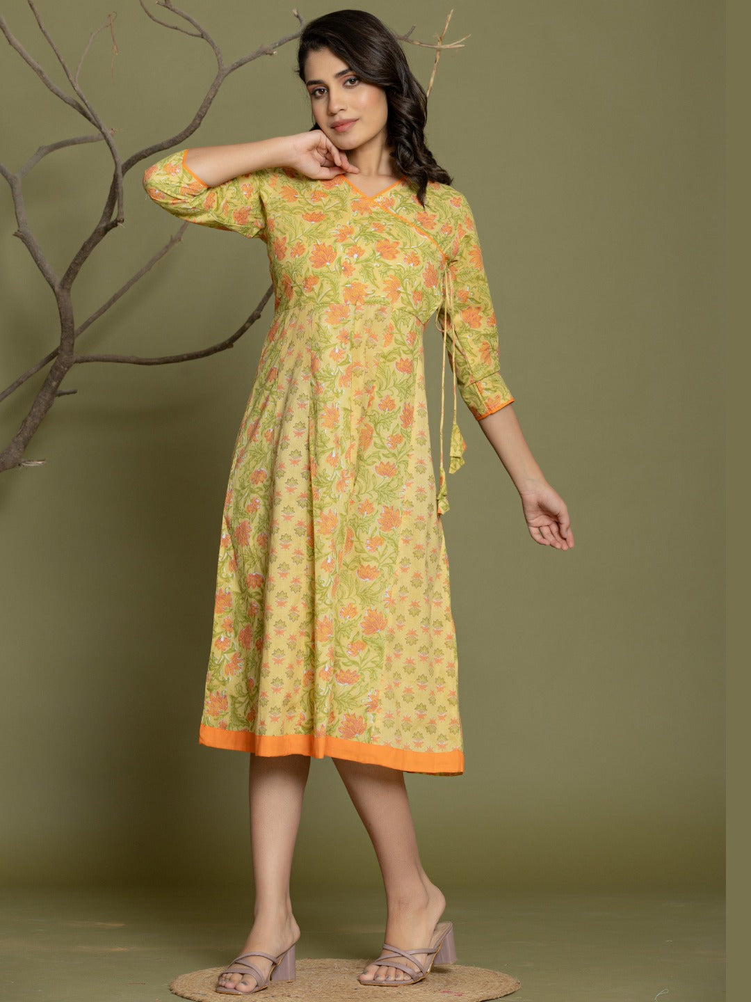 Pure Cotton Angrakha Style Anarkali Dress - Lemon Yellow