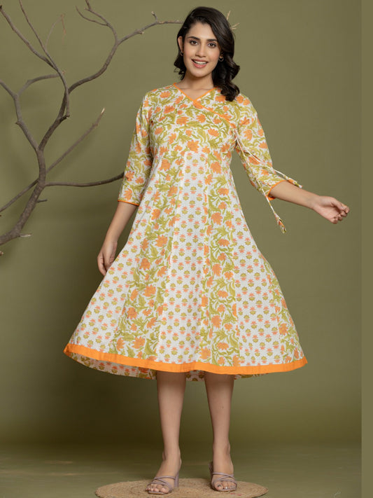 Pure Cotton Angrakha Style Anarkali Dress - Orange White