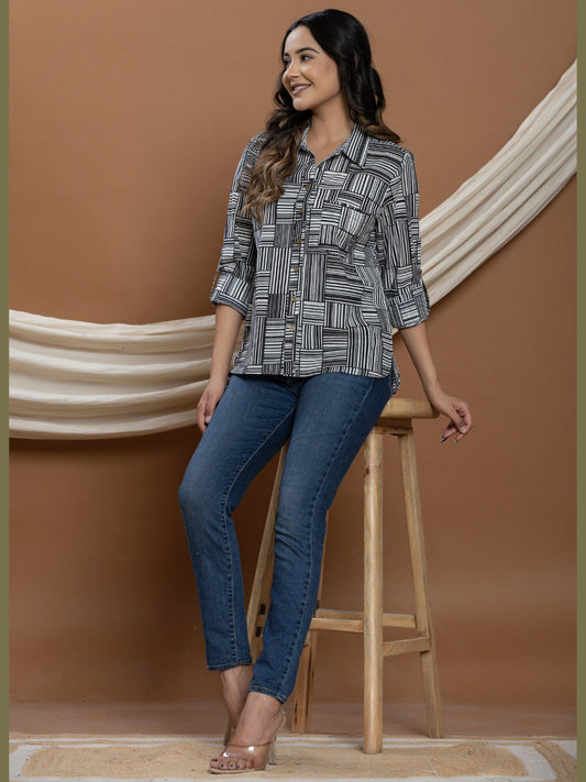 Pure Cotton Printed Shirt - Black & White