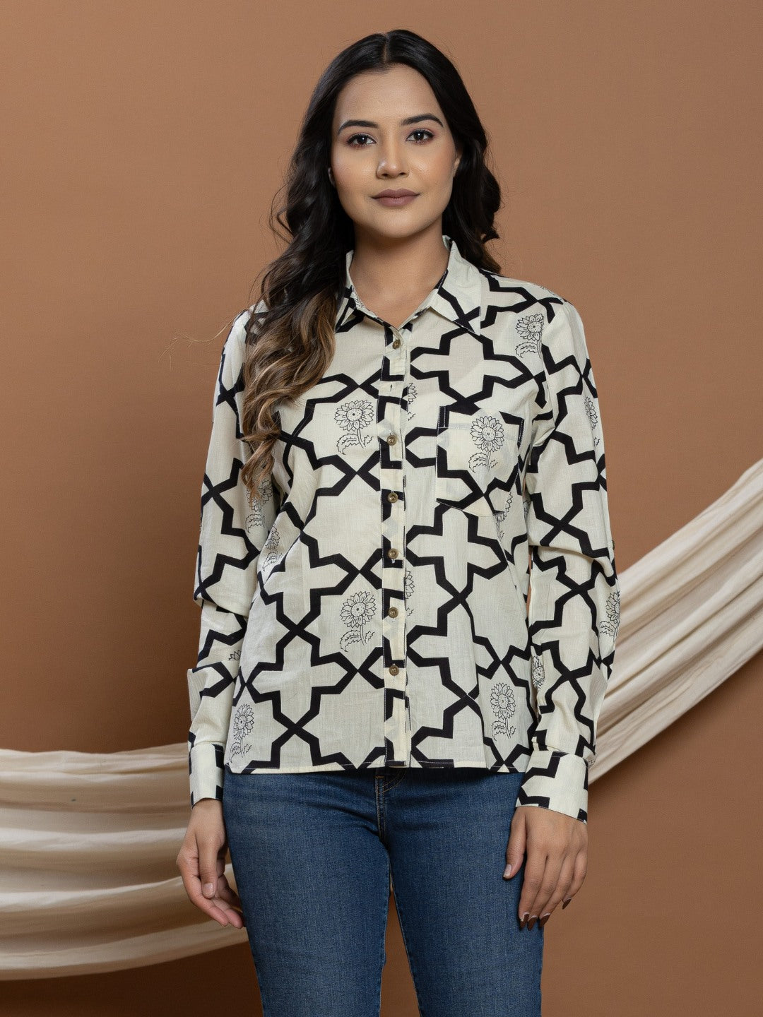 Pure Cotton Printed Shirt - Cream