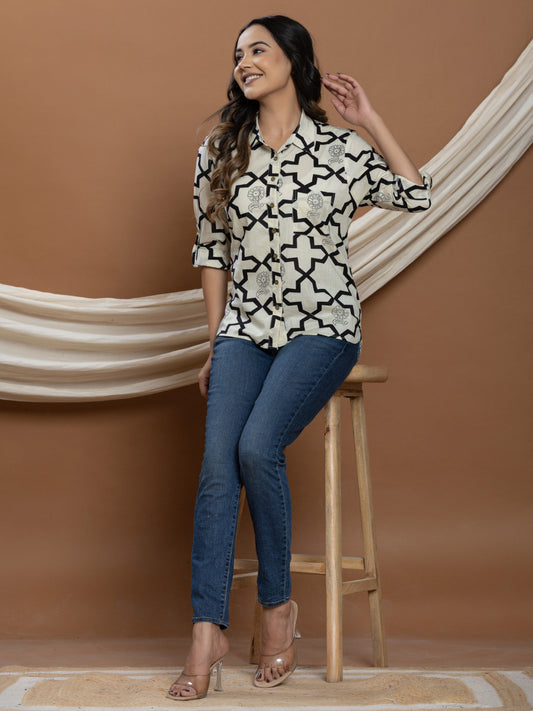 Pure Cotton Printed Shirt - Cream
