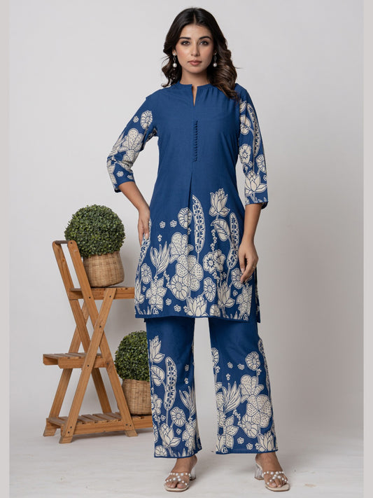 Pure Cotton Placement Print Co-ord Set - Blue